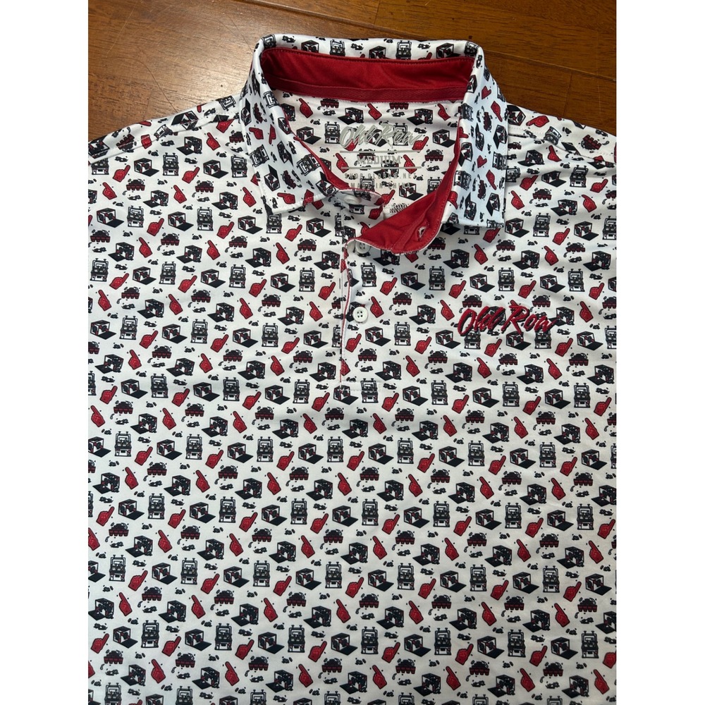 Old Row Polo Shirt Mens Medium White Tailgate Foam Finger Cooler Print Short Slv